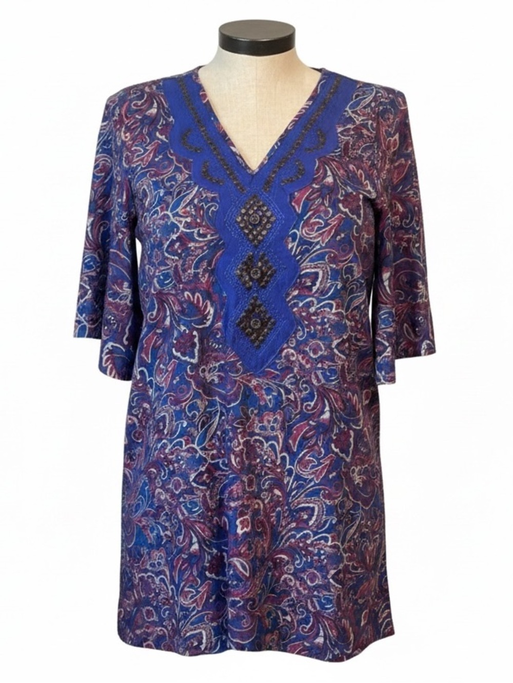 Francesca’s Ayla Blue Pink Paisley Dress Studs VNeckline 3/4” Sleeve Size Medium